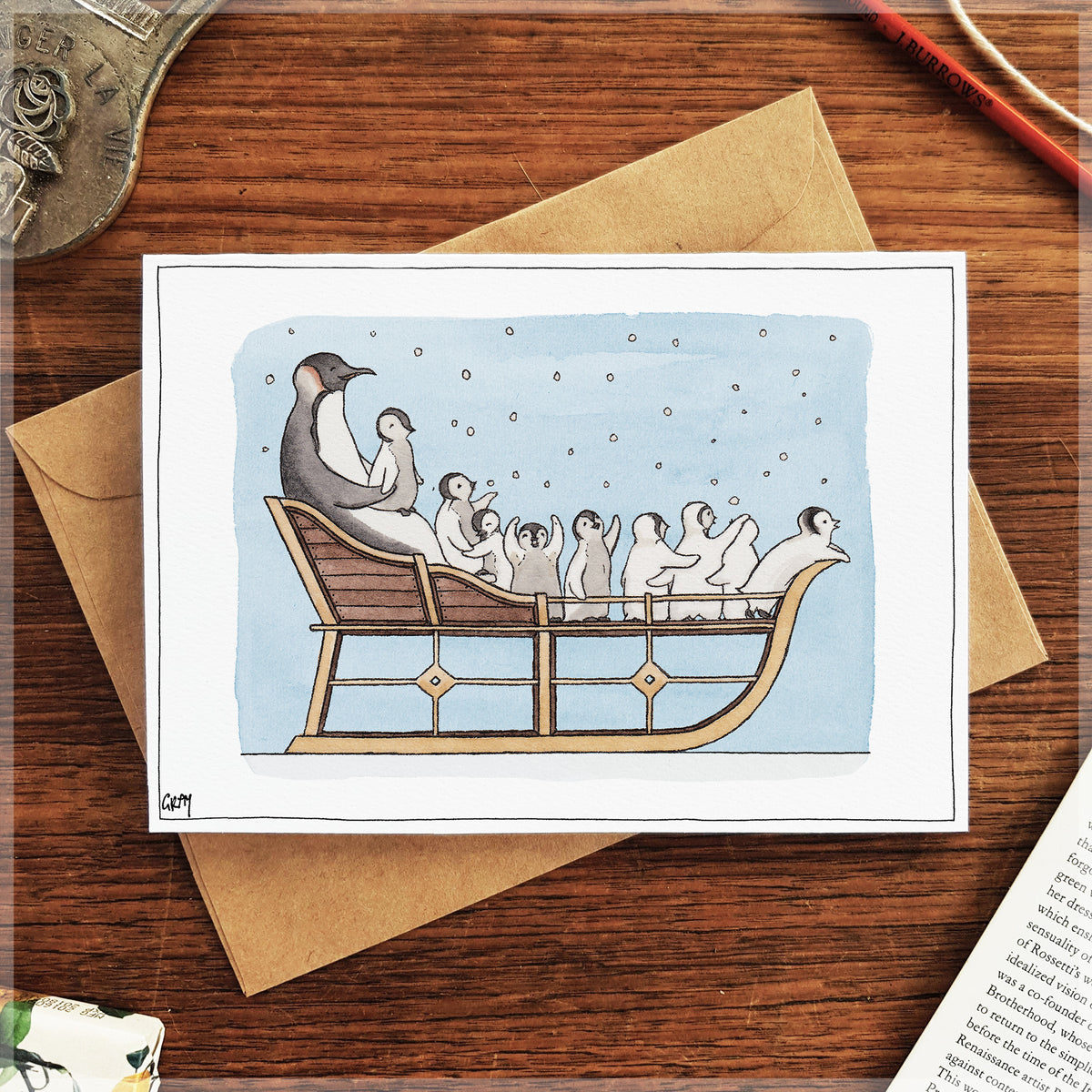 Erlenmeyer Art Card - Family Road Trip Penguins