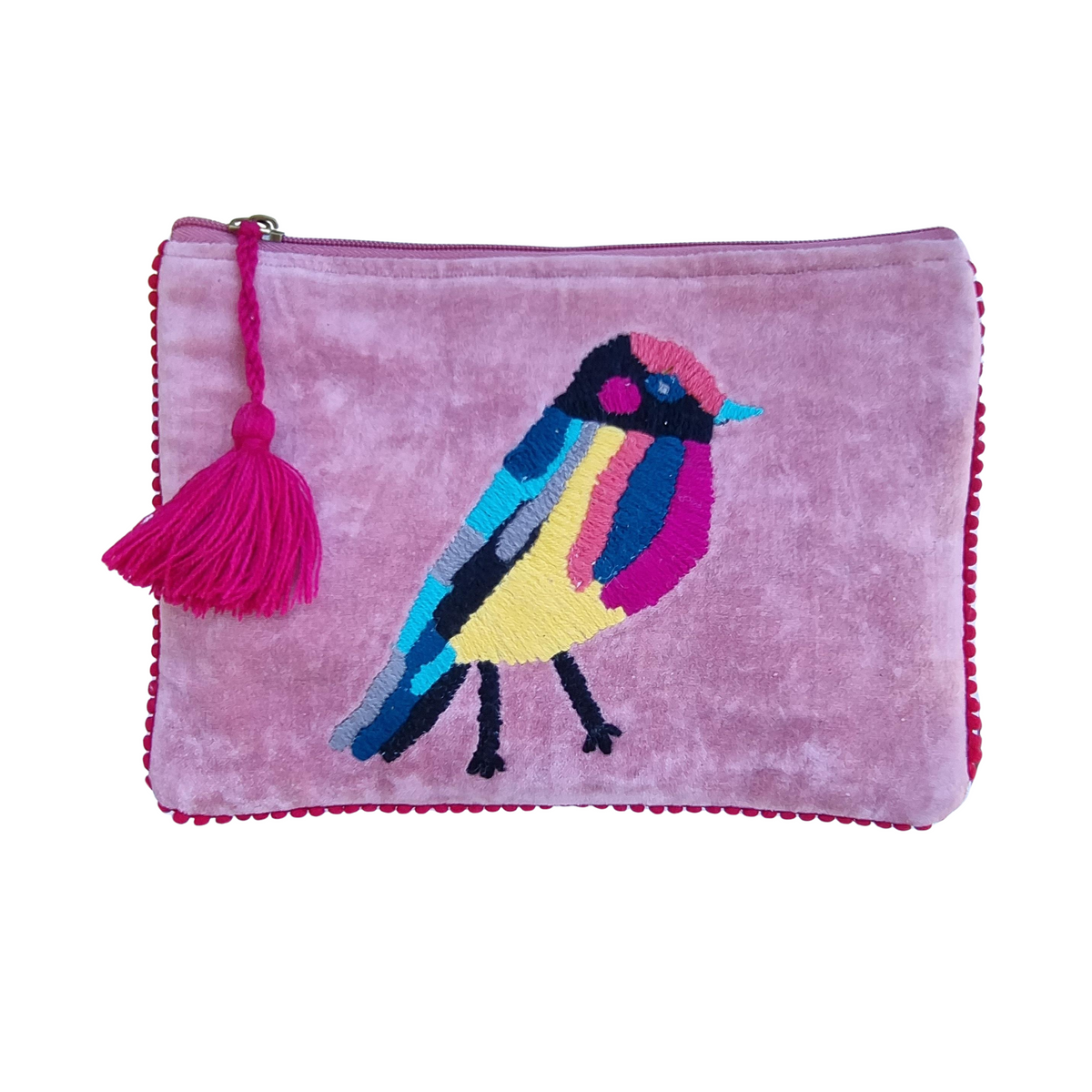 Zoda - Embroidered Velvet Clutch -  Pink Bird