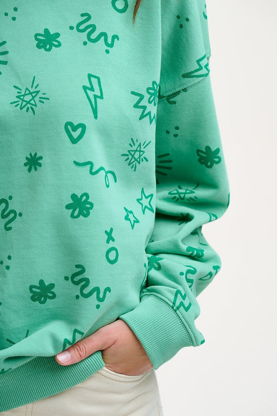 Sugarhill - Eadie Relaxed Sweatshirt - Green, Doodle Print