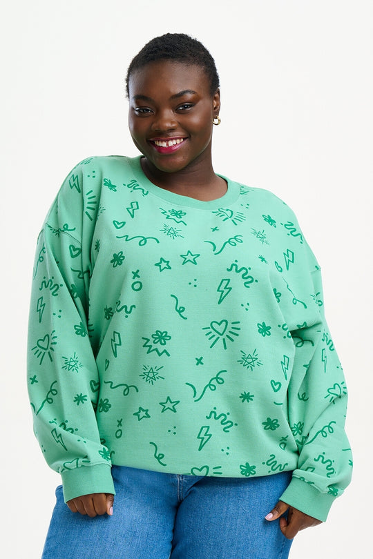 Sugarhill - Eadie Relaxed Sweatshirt - Green, Doodle Print