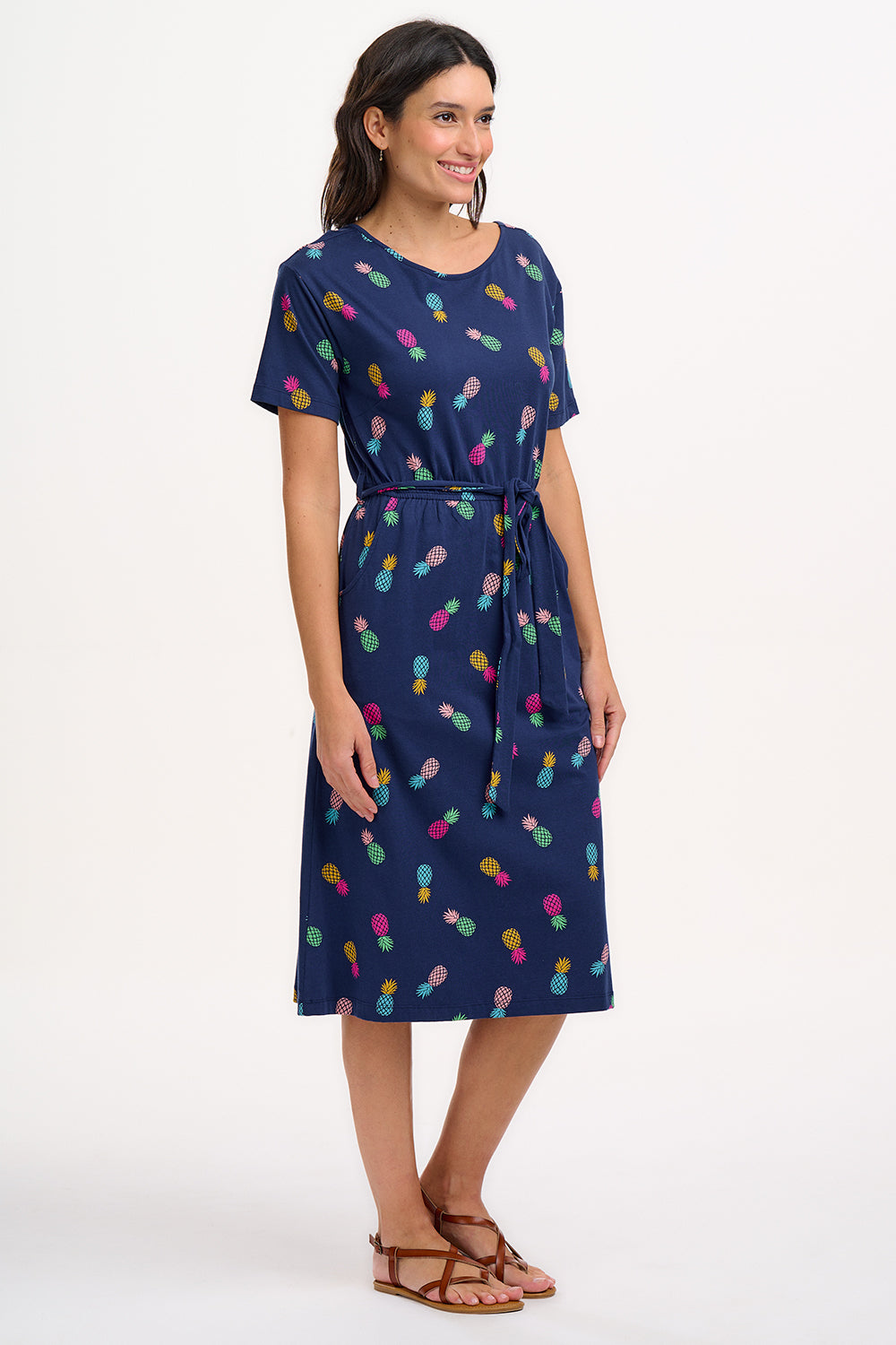 Sugarhill - Moira Midi Jersey Dress - Navy, Rainbow Pineapples