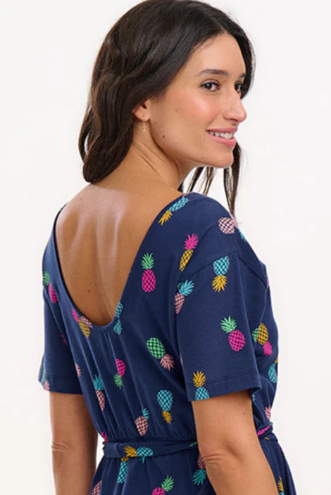 Sugarhill - Moira Midi Jersey Dress - Navy, Rainbow Pineapples