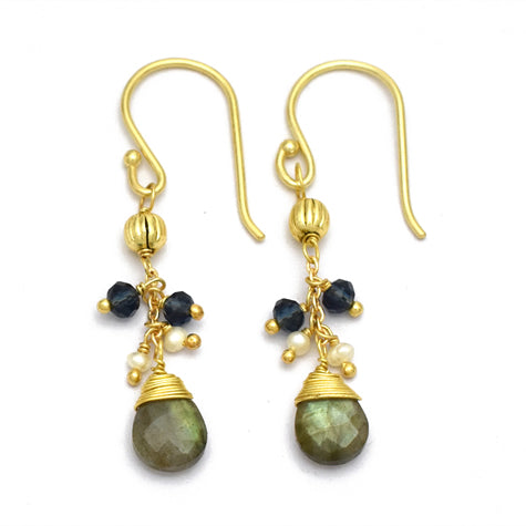 Emma Earring -   Labradorite, Pearl, Iolite