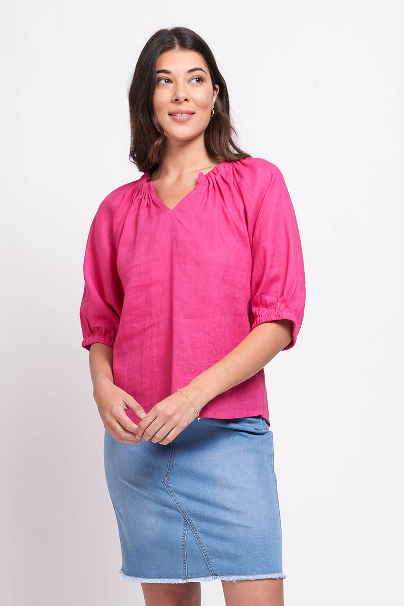 Foil  - Turn up the Volume Linen Top - Hot Pink
