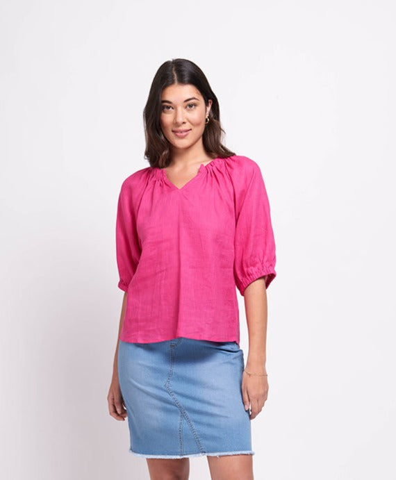 Foil  - Turn up the Volume Linen Top - Hot Pink