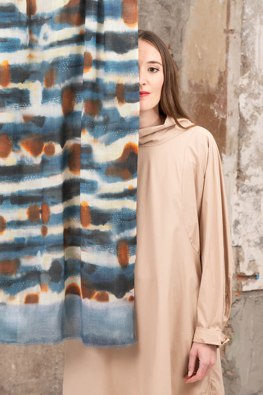 Yoko - Midori Merino Silk Scarf - Indigo Rust