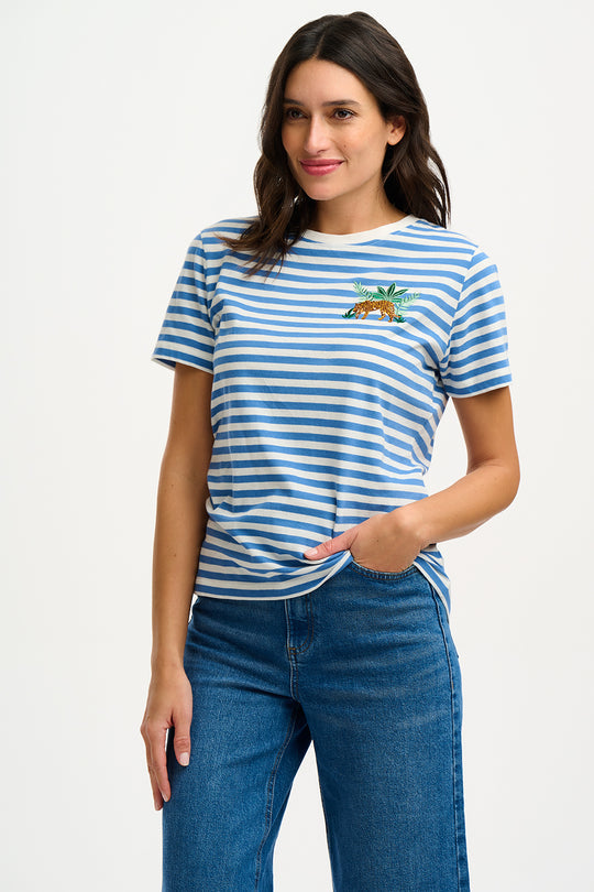 Maggie T-shirt - Blue/White, Tiger Embroidery