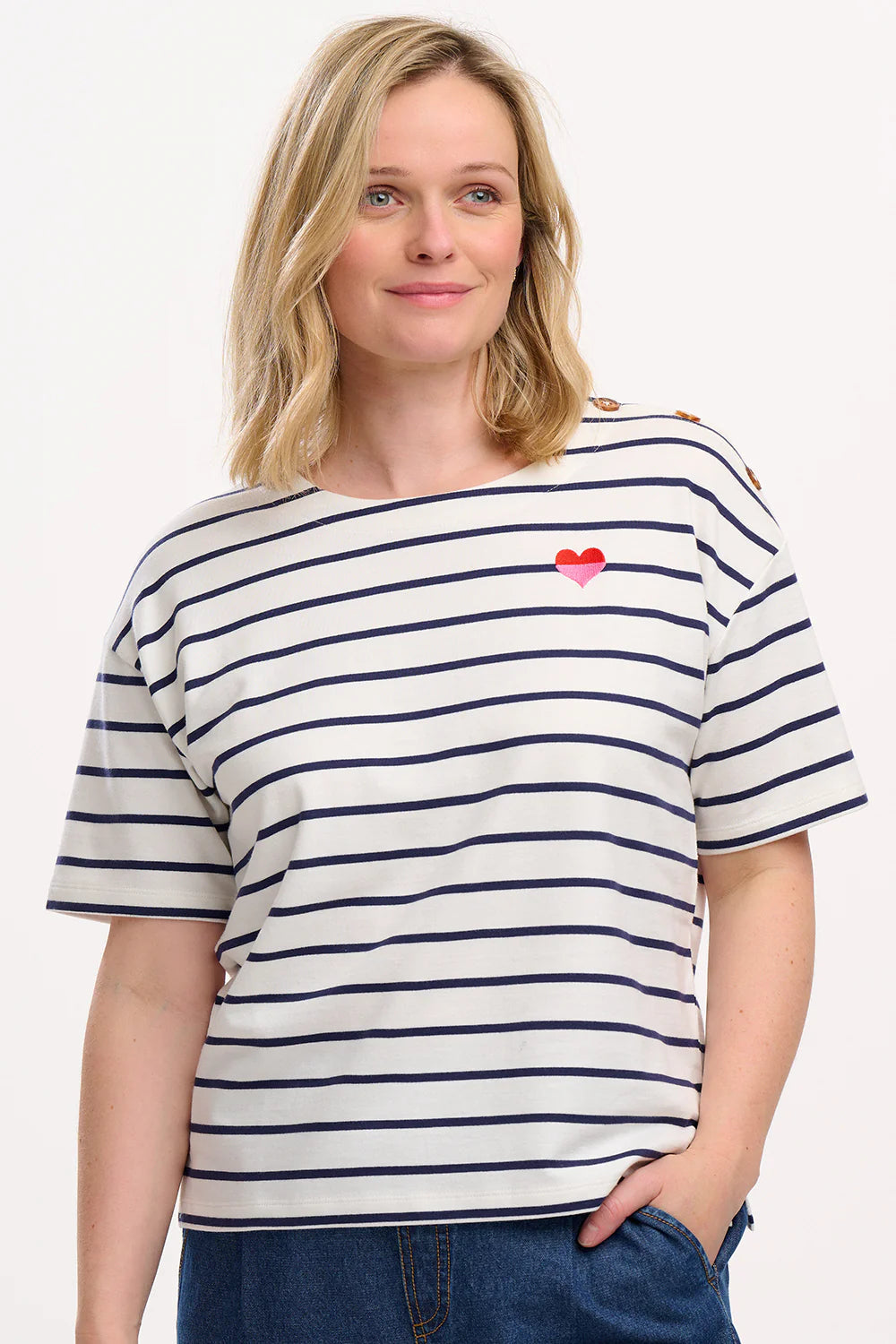 Sugarhill - Kirby Breton Tee Top - Off-White/Navy, Split Heart
