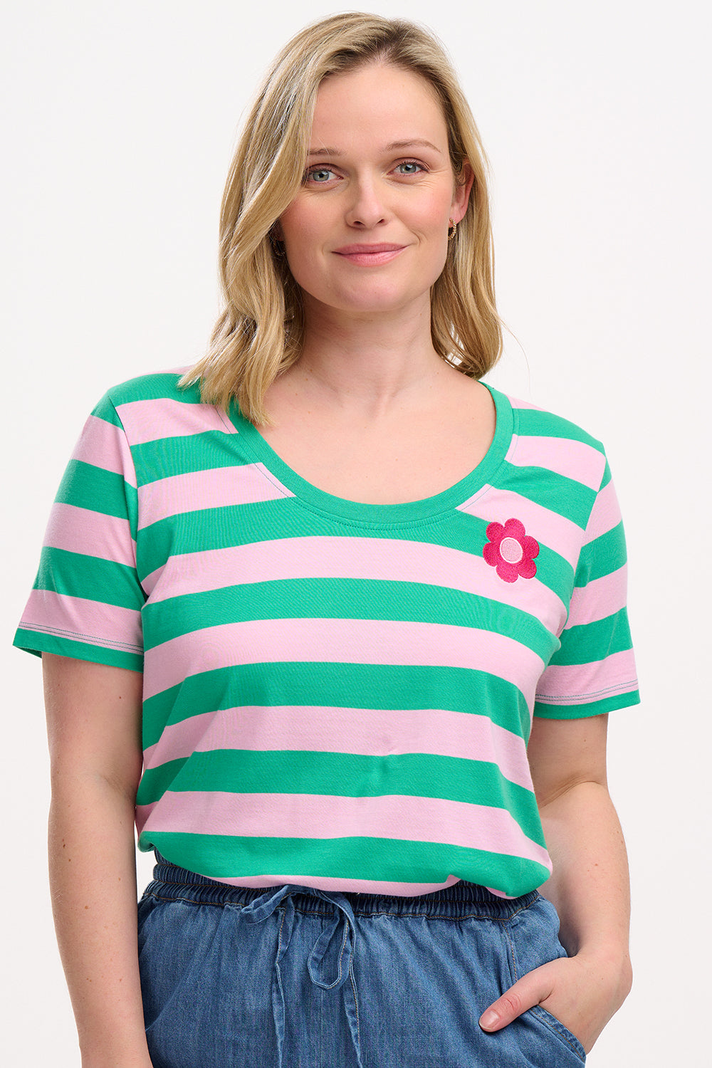 Sugarhill - Sylvie Scoop Neck T-Shirt - Green/Pink, Stripe &amp; Flower