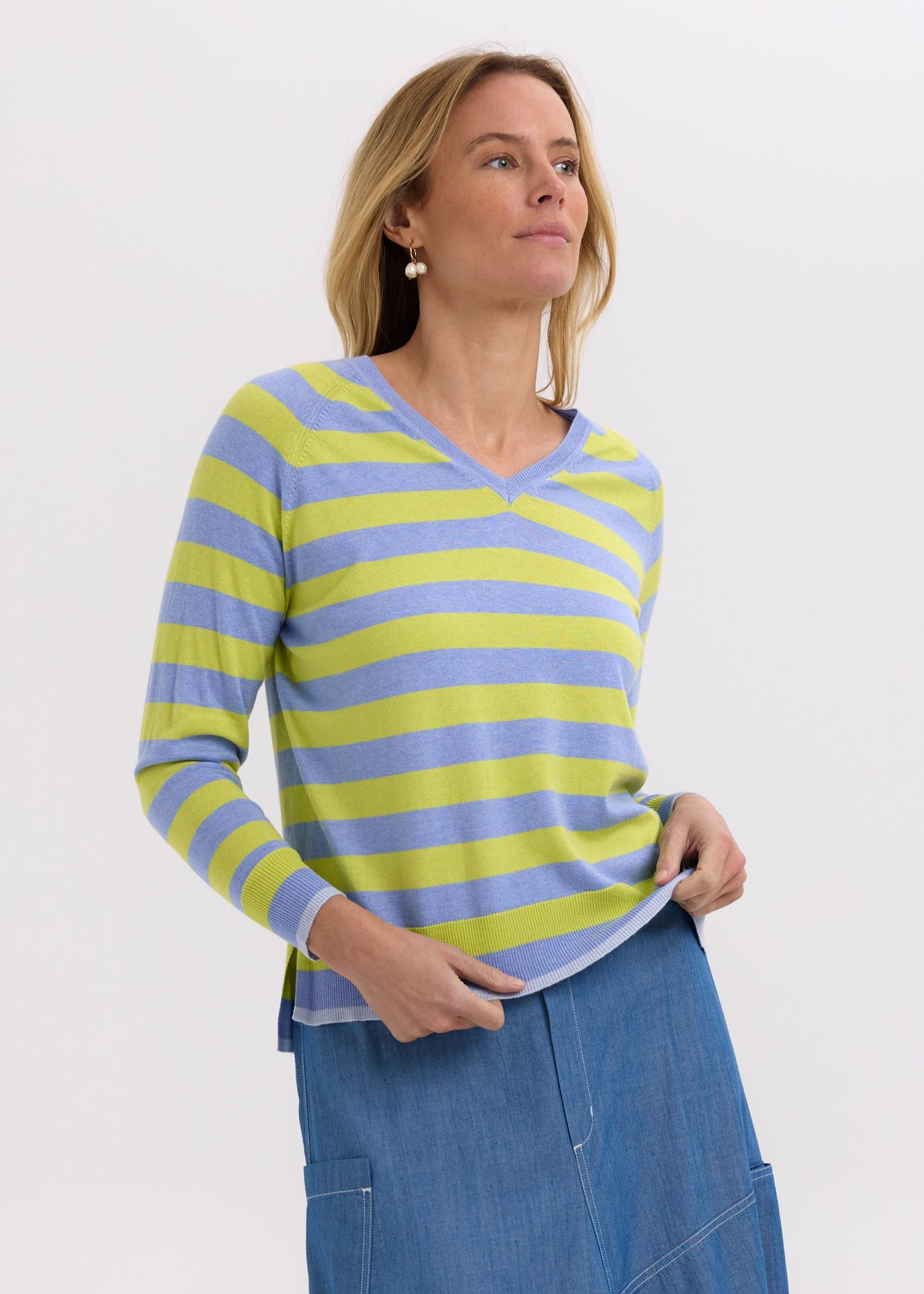 Zaket &amp; Plover - Essential Stripe V Crew - Blueberry