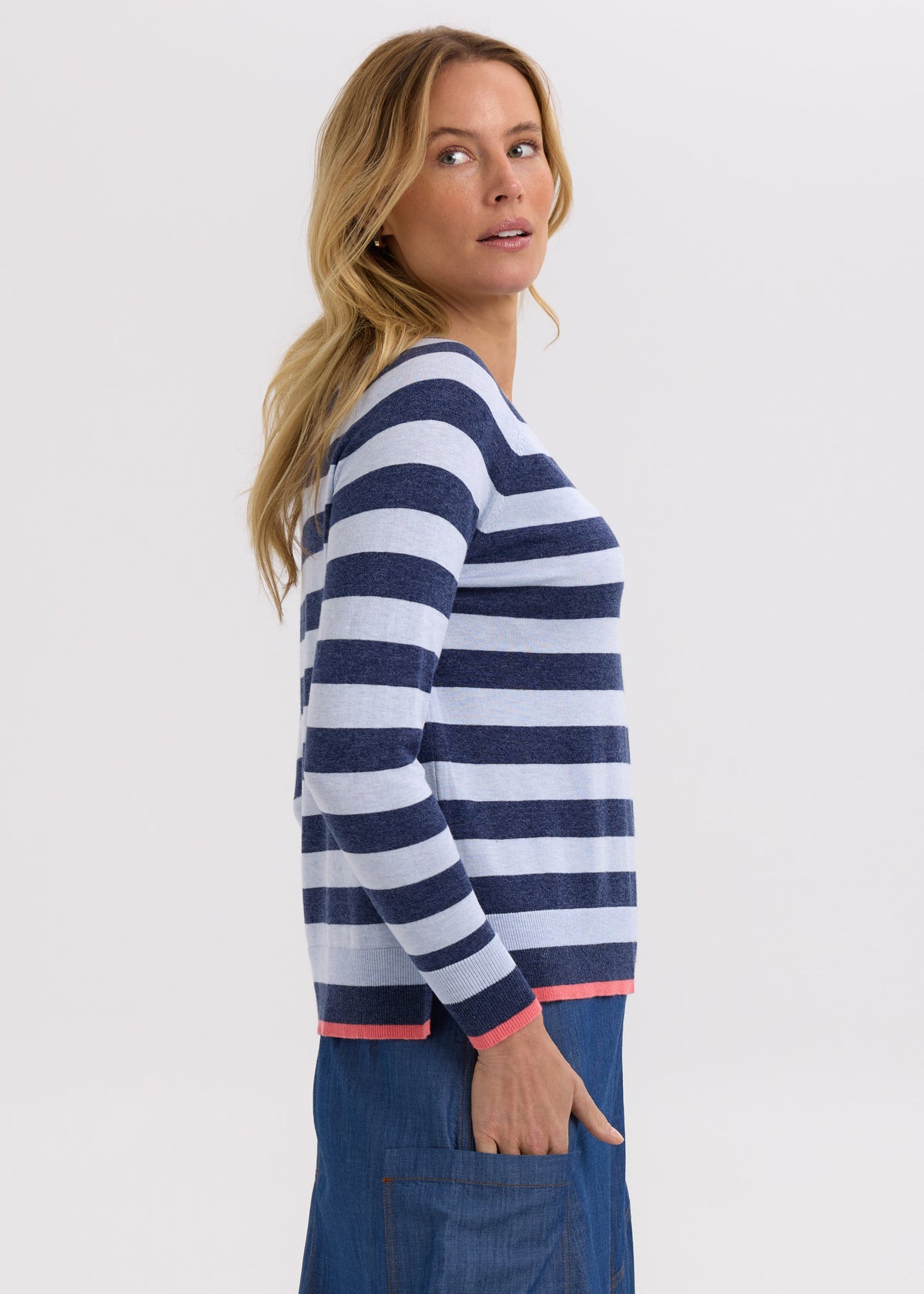 Zaket &amp; Plover - Essential Stripe V Crew - Denim