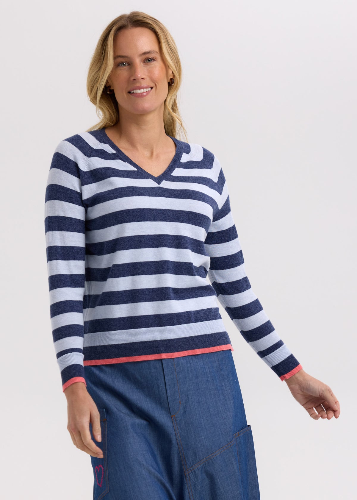 Zaket &amp; Plover - Essential Stripe V Crew - Denim