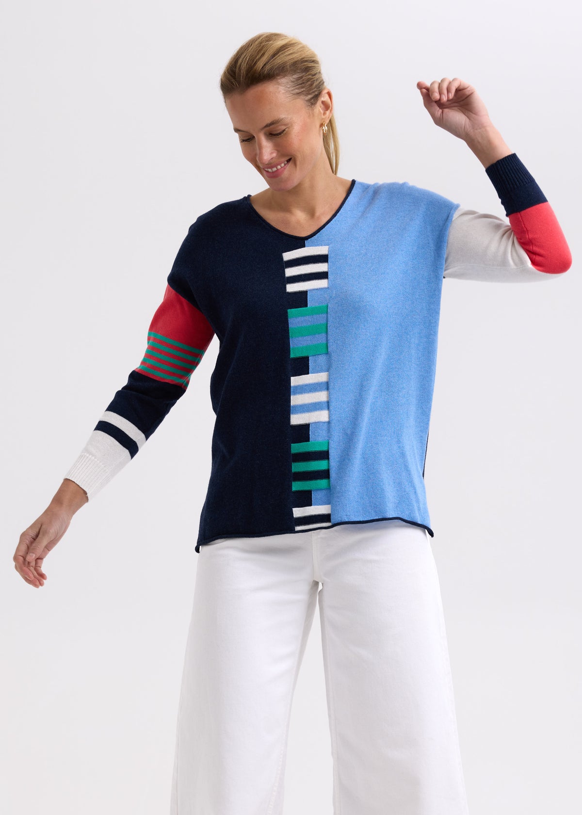 Zaket &amp; Plover - Ladder Stripe V Crew - Dark Denim
