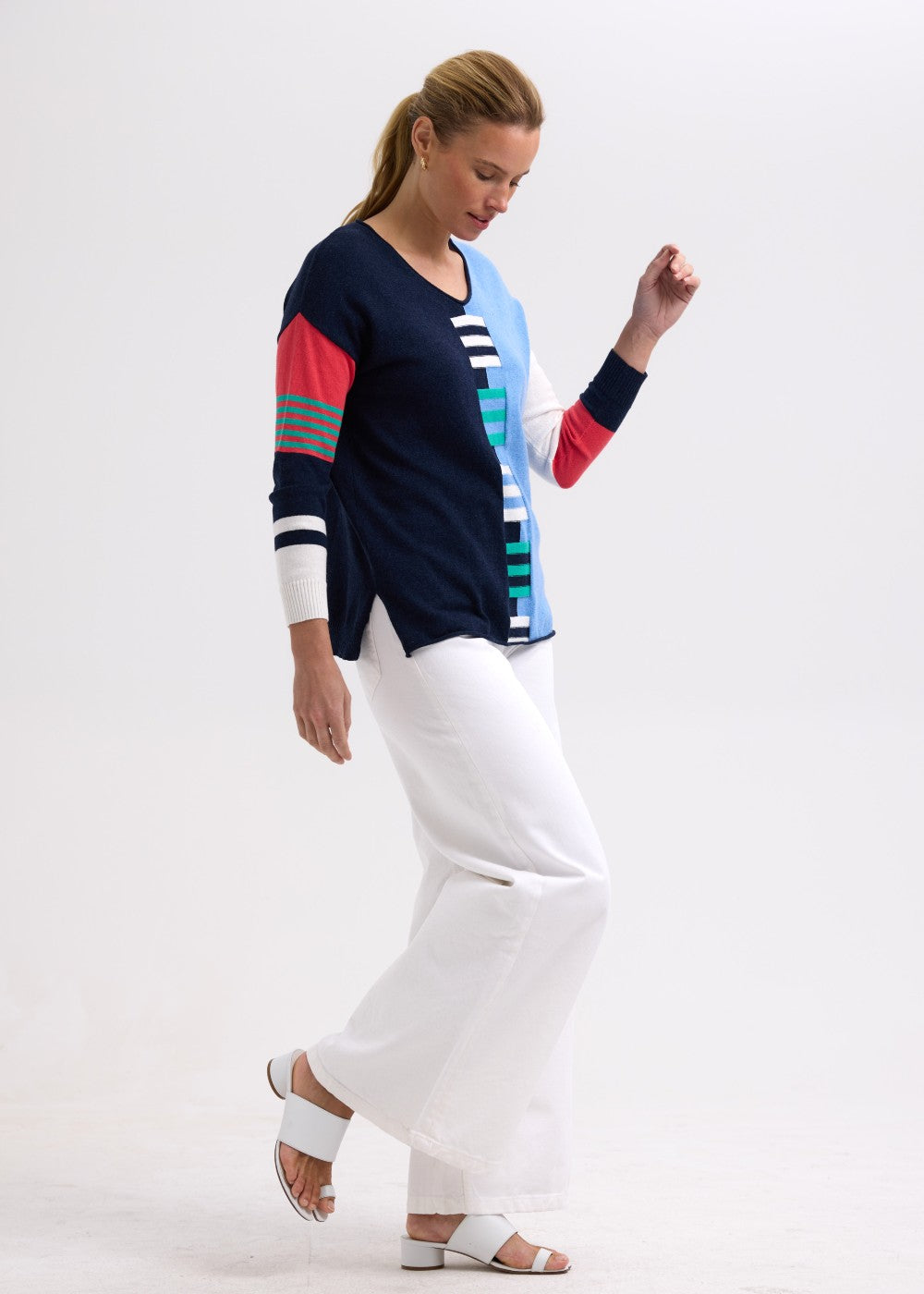 Zaket &amp; Plover - Ladder Stripe V Crew - Dark Denim