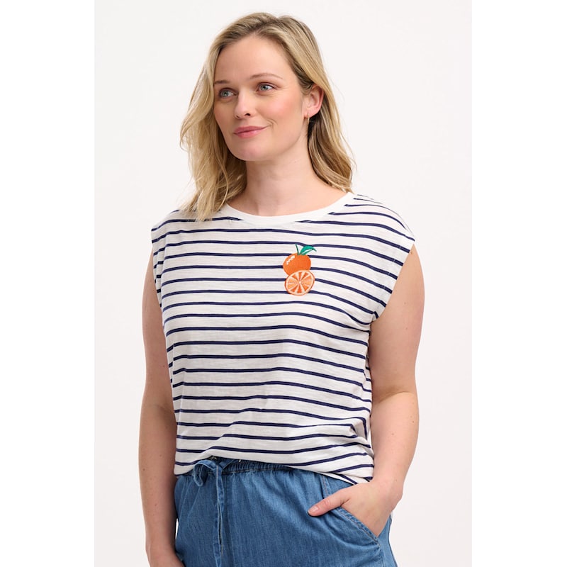 Sugarhill - Chrissy Relaxed Tank T-Shirt - Off-White/Navy, Fruity Orange