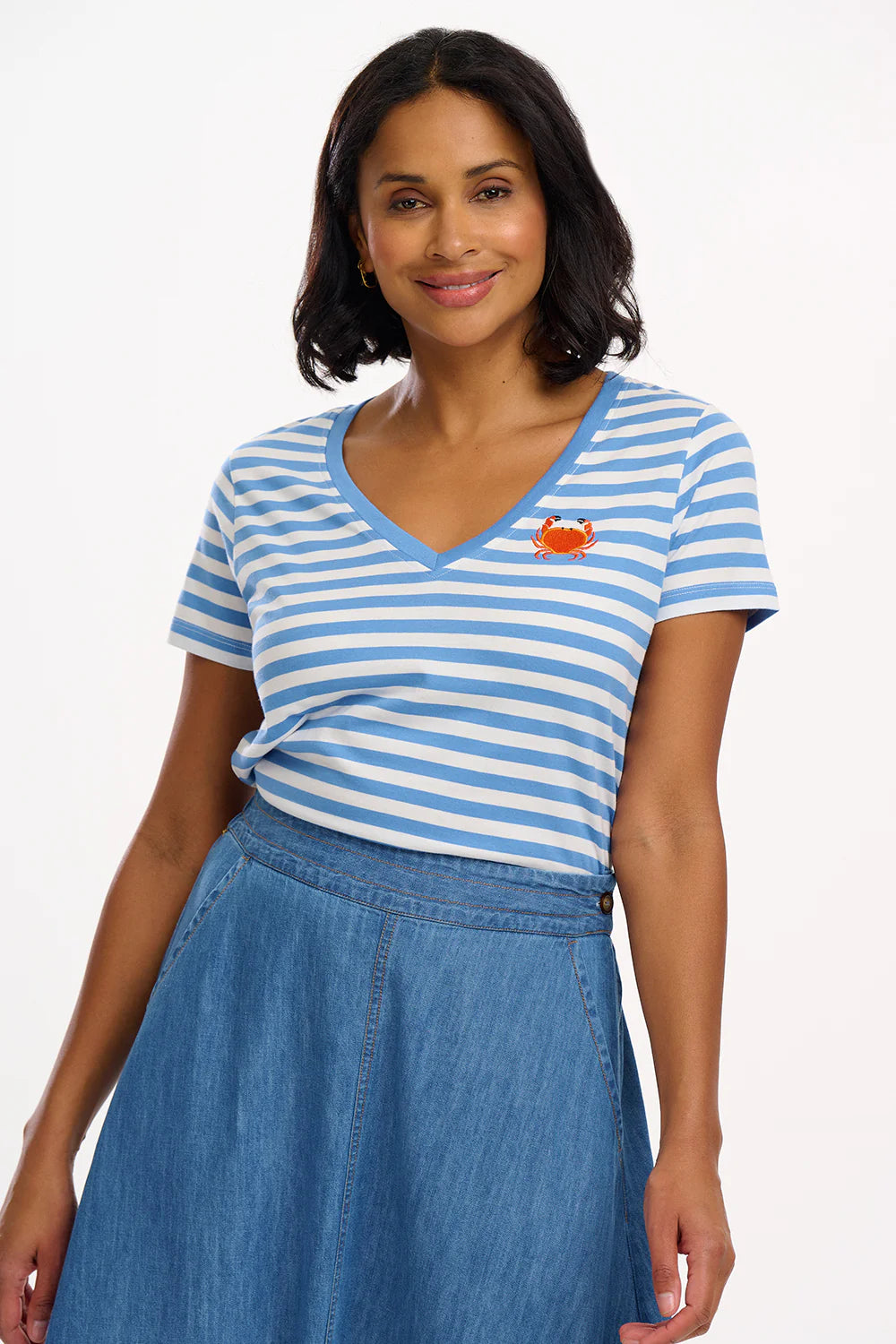 Sugarhill - Khloe V-Neck T-Shirt - Off-White/Blue, Stripy Crab