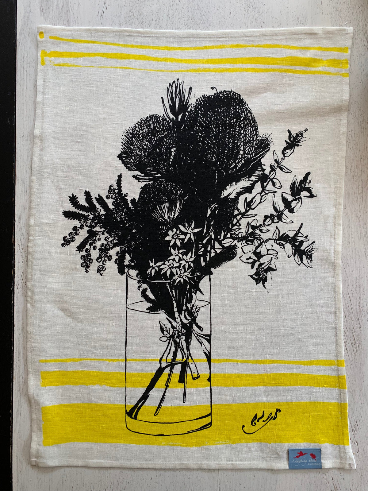 Laughing Bird - Linen Tea Towel - Vase of Wildflowers
